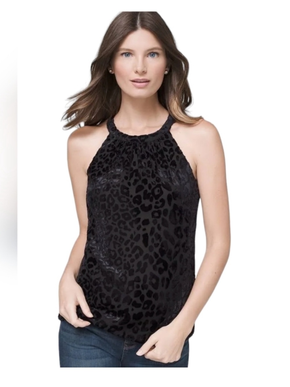 White House Black Market Leopard Print Velvet Halter Top size XXS Black